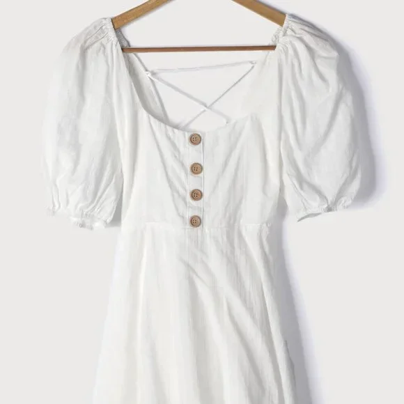 NWT Lulus Endearing Looks Ivory Puff Sleeve Lace-Up Mini Dress (size S) - Picture 5 of 8